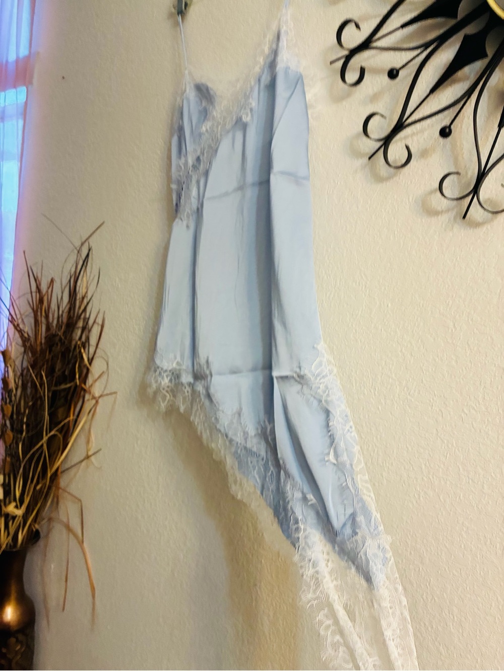 Light Blue Lace-Trim Silk Slip Dress